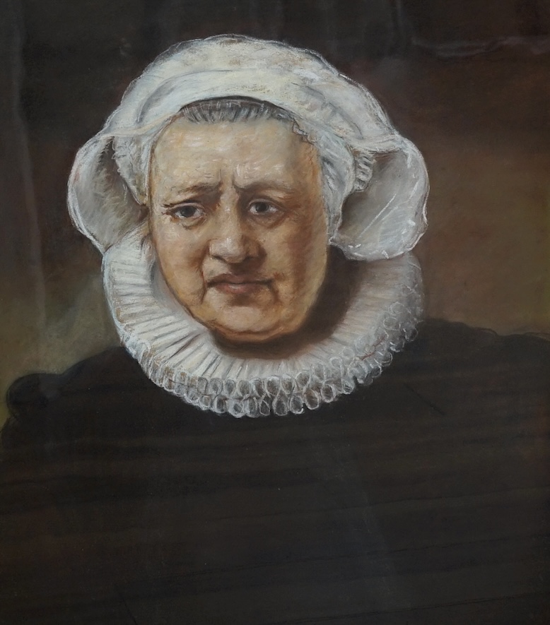 After Rembrandt (Dutch, 1606-1669), pastel, Portrait of an elderly woman wearing a ruff, unsigned, 58 x 48cm. Condition - fair